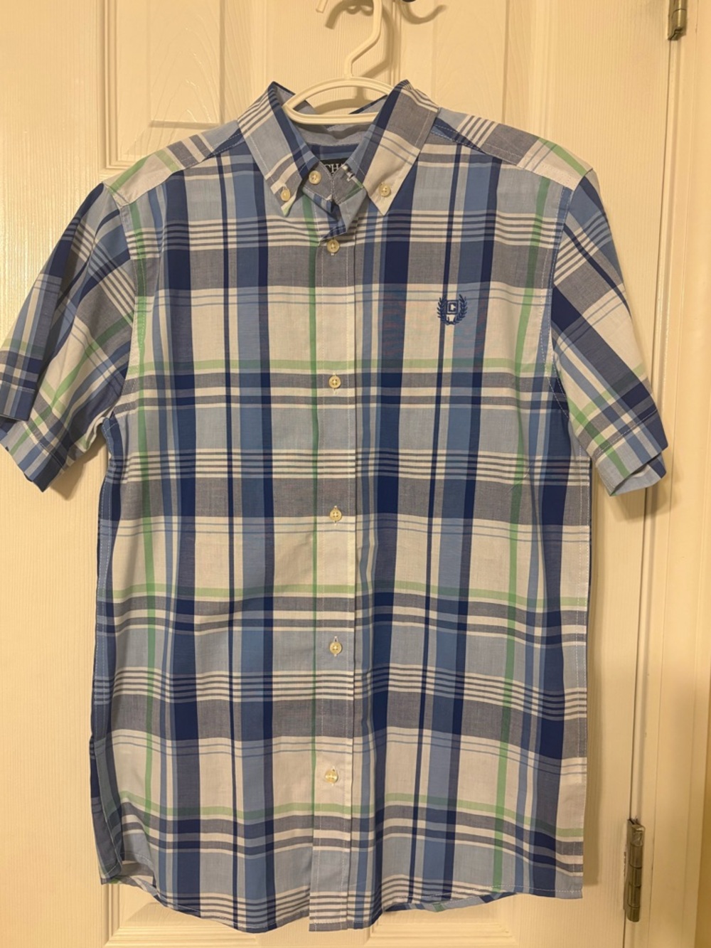 Chaps Kids Blue Plaid Short-Sleeve Button-Down Shirt Size L 14/16, NWOT